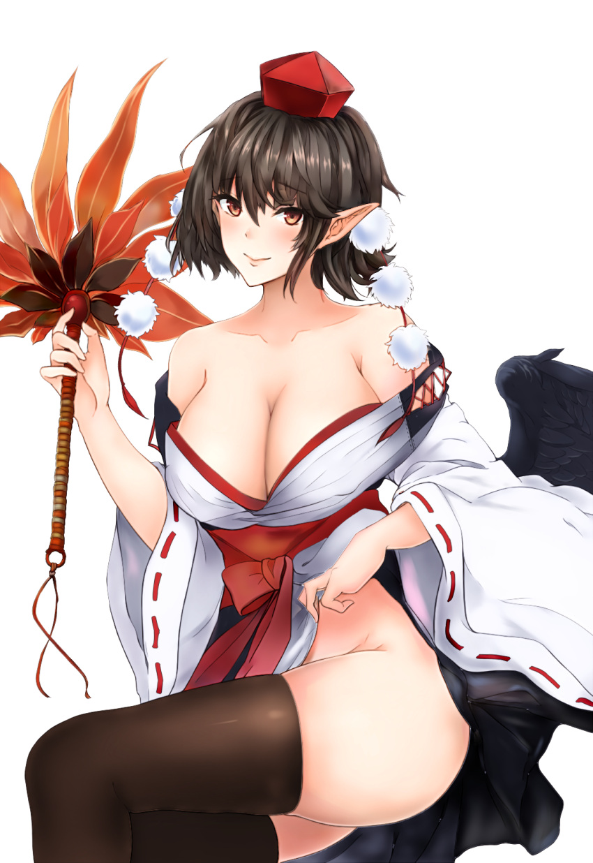 1girl bird_wings black_hair black_thighhighs black_wings breasts cleavage closed_mouth derivative_work groin hand_fan hat hauchiwa highres huge_breasts kourindou_tengu_costume leaf-pattern_stripe looking_at_viewer no_panties official_alternate_costume pointy_ears pom_pom_(clothes) red_eyes red_headwear ribbon-trimmed_sleeves ribbon_trim shameimaru_aya short_hair simple_background smile solo thighhighs tk31 tokin_hat touhou white_background wings