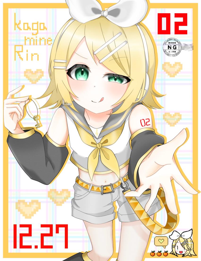 1girl absurdres anyuai belt black_leg_warmers black_sleeves blonde_hair bow breasts character_name commentary detached_sleeves food fruit green_eyes grey_sailor_collar grey_shorts hair_bow hair_ornament hairclip headphones headset highres holding holding_key kagamine_rin key leg_warmers looking_at_viewer midriff navel neckerchief number_tattoo orange_(fruit) parallel_hairclips sailor_collar shirt short_hair shorts sleeveless sleeveless_shirt small_breasts smile tattoo tongue tongue_out treble_clef untranslatable_commentary vocaloid white_bow white_shirt yellow_belt yellow_neckerchief yellow_trim