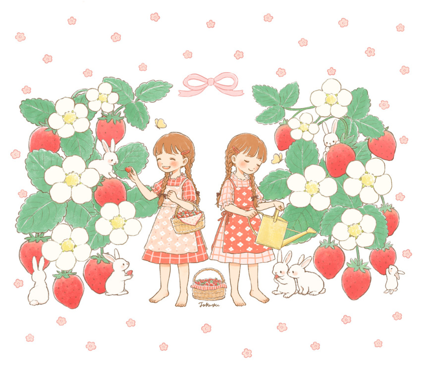 1girl ^_^ animal apron bangs barefoot basket blush braid brown_hair casual closed_eyes dress flower food fruit hair_ornament hairclip hiding holding holding_basket holding_food holding_fruit holding_watering_can leaf looking_at_another open_mouth original picnic_basket pink_apron pink_dress pink_flower pink_ribbon plaid plaid_apron plaid_dress plant puffy_short_sleeves puffy_sleeves rabbit reaching red_apron red_dress ribbon short_sleeves smile standing strawberry teeth tokoyu twin_braids twintails upper_teeth watering_can white_background white_flower