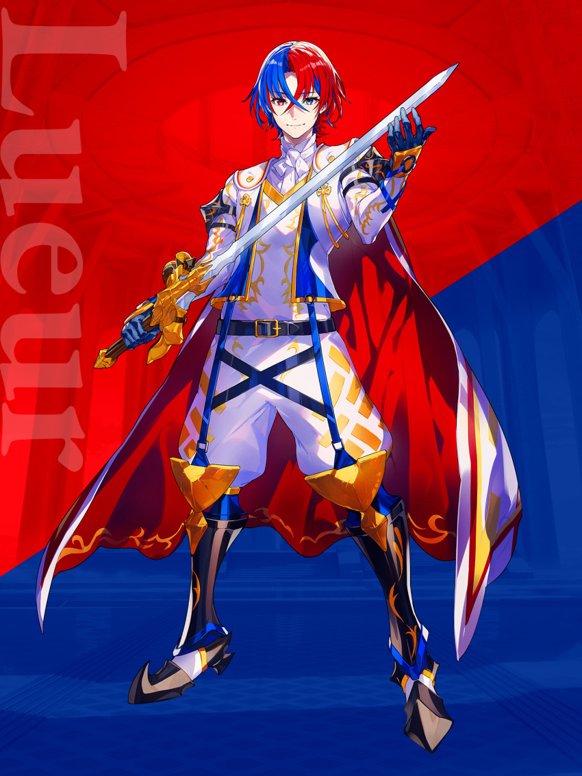 1boy alear_(fire_emblem) alear_(fire_emblem)_(male) armor bangs blue_eyes blue_hair boots cape character_name crossed_bangs fire_emblem gloves heterochromia highres holding holding_sword holding_weapon multicolored_hair official_art pointy_footwear red_eyes red_hair smile sword two-tone_hair weapon