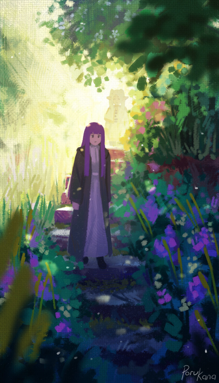 2girls :t absurdres closed_eyes closed_mouth elf fern_(sousou_no_frieren) frieren highres multiple_girls nature outdoors pointy_ears porukana pout purple_eyes purple_hair sousou_no_frieren stairs twintails white_hair