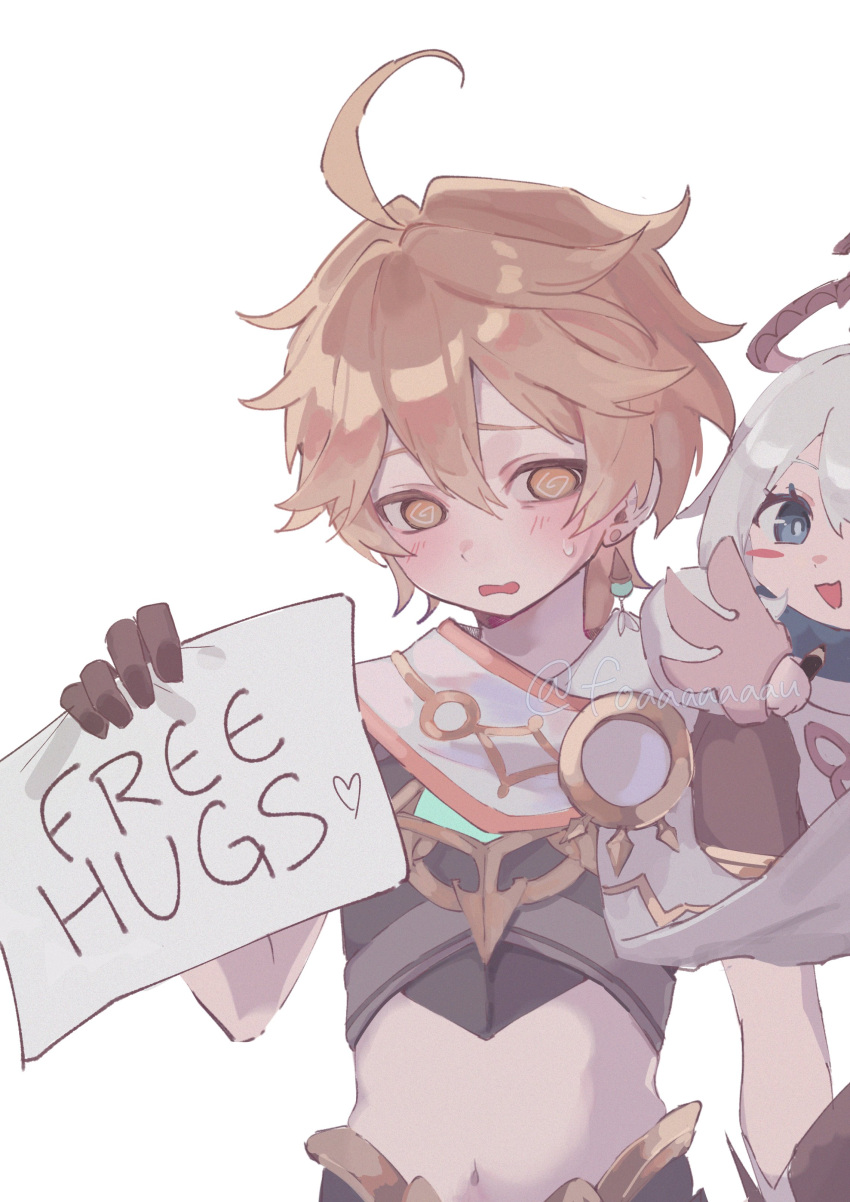 1boy 1girl @_@ absurdres aether_(genshin_impact) ahoge arm_guards artist_name black_pants black_scarf black_shirt blonde_hair blue_eyes blue_pupils blush blush_stickers braid brown_gloves commentary embarrassed english_commentary english_text eyelashes flying foaaaaaaau genshin_impact gloves gold_trim grey_hair hair_between_eyes halo hand_up highres holding holding_pencil holding_sign long_hair long_sleeves looking_at_viewer low-braided_long_hair low-tied_long_hair male_focus mechanical_halo midriff navel open_mouth paimon_(genshin_impact) pants pencil pink_halo puffy_long_sleeves puffy_sleeves romper scarf shirt short_hair short_sleeves sign simple_background single_braid smile solo_focus standing sweatdrop upper_body wavy_mouth white_background white_romper white_scarf yellow_eyes