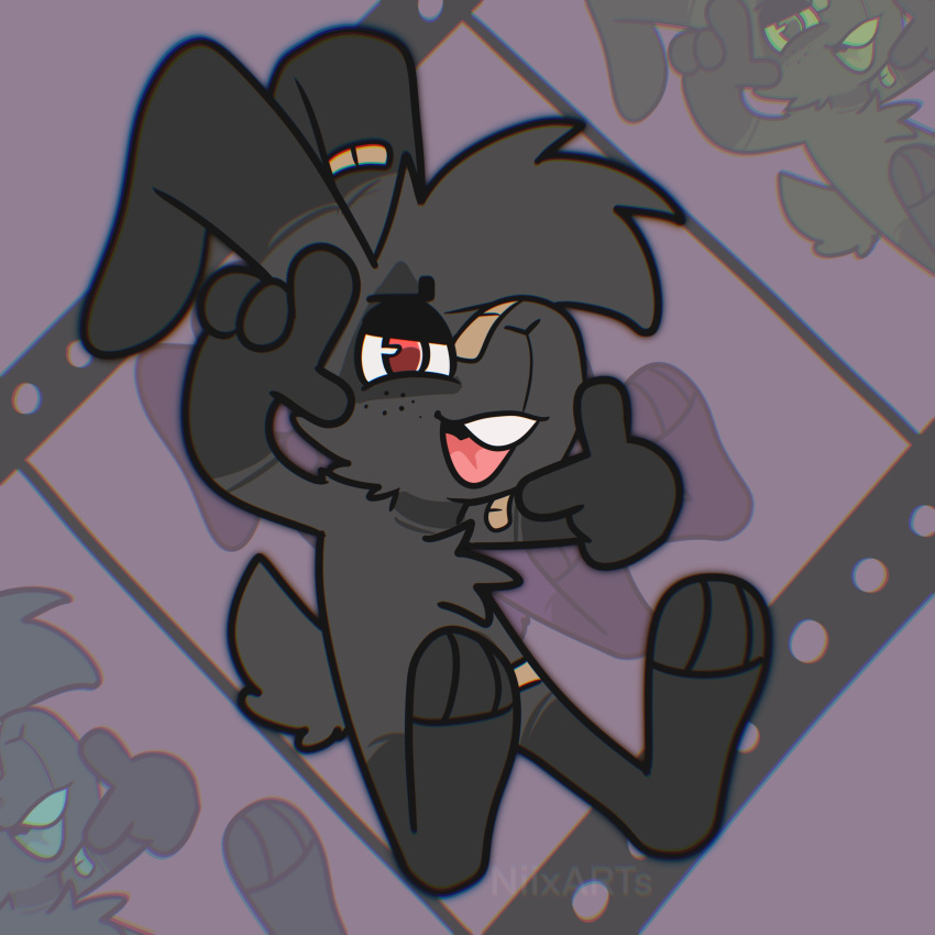 absurd_res anthro band-aid band-aid_on_nose bandage black_body black_fur cheek_tuft chest_tuft chibi facial_tuft fur grey_body grey_fur half-closed_eyes hi_res lagomorph leporid male mammal narrowed_eyes nick_(the_xing1) open_mouth open_smile purple_background rabbit simple_background smile solo the_xing1 tuft