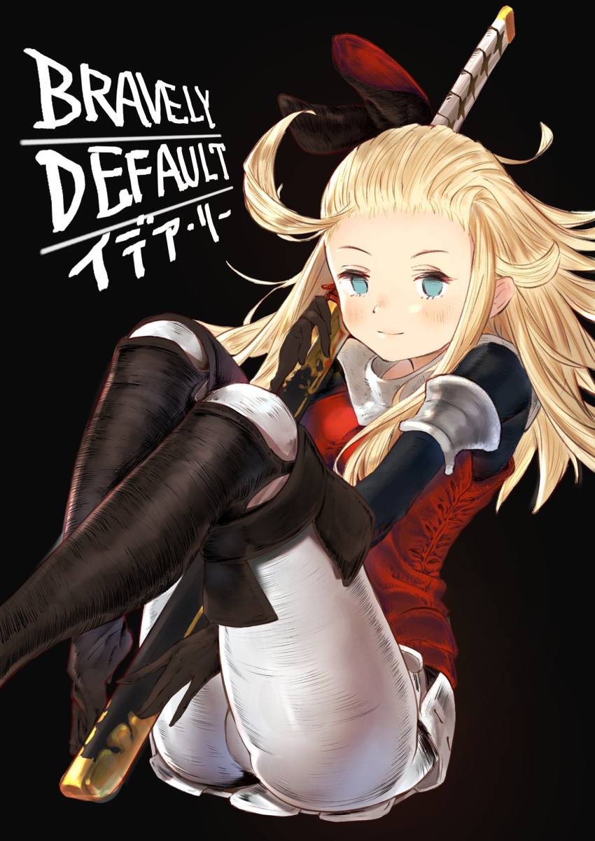 1girl 3_tree ahoge ass blonde_hair blue_eyes boots bow bravely_default:_flying_fairy bravely_default_(series) breasts closed_mouth edea_lee gloves hair_bow highres legs long_hair looking_at_viewer simple_background smile solo sword weapon