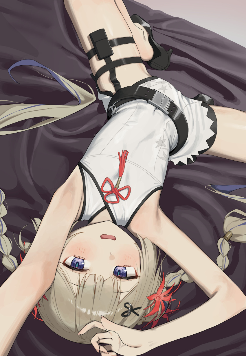1girl absurdres amanogawa_shiina amanogawa_shiina_(codename:_seamstress) armpit_focus armpits bare_arms belt black_belt black_shoes blue_eyes blush braid chinese_clothes dress flat_chest flower hair_ornament high_heels highres long_hair looking_at_viewer lying multicolored_hair on_back open_mouth phase_connect presenting_own_armpit qipao shoes solo spread_legs syhan thigh_strap twin_braids upside-down white_dress