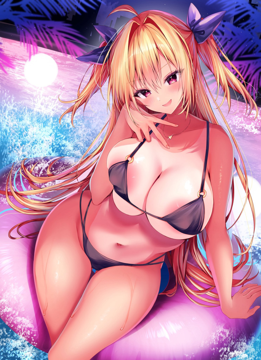 1girl ahoge areola_slip bare_shoulders bikini blonde_hair blush bow breasts cleavage commentary_request highres innertube large_areolae large_breasts long_hair looking_at_viewer navel nenobi_(nenorium) open_mouth original red_eyes smile solo swim_ring swimsuit thighs two_side_up