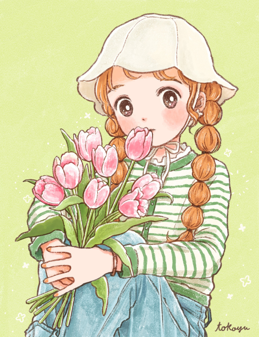 1girl black_eyes blue_pants blush braid bucket_hat casual commentary denim flower flower_to_mouth green_background green_shirt green_trim hand_on_own_knee hat highres holding holding_flower jeans leaf long_sleeves orange_hair original pants pink_flower pink_tulip shirt sitting solo spring_(season) striped striped_shirt symbol-only_commentary tokoyu tulip twin_braids two-tone_shirt white_headwear white_shirt yellow_background