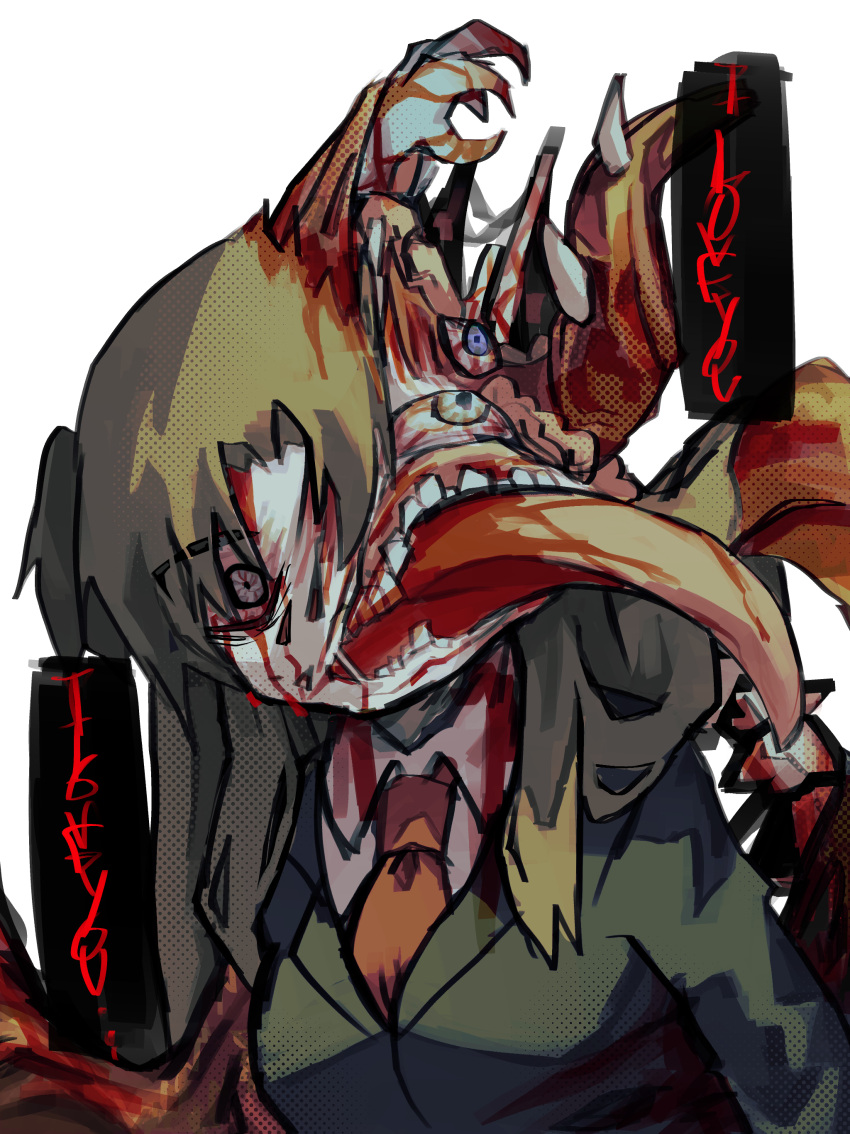 1girl absurdres black_jacket blood bloodshot_eyes blue_eyes body_horror breasts brown_hair coco_(556ch0cl8) commentary_request employee_(lobotomy_corporation) formal guro highres injury jacket lobotomy_corporation long_hair medium_breasts necktie nothing_there project_moon red_necktie shirt solo suit suit_jacket white_background white_shirt wide-eyed