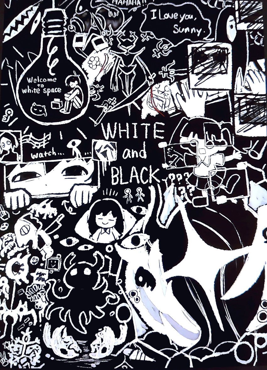 absurdres annotation_request black_background black_theme cat character_request commentary crossover dave_spector_(yume_nikki) deltarune disembodied_eye disembodied_mouth endogeny english_text everyman_(undertale) extra_eyes extra_mouth eye_people_(yume_nikki) fetus flower geldslzcyf59548 genre_connection greyscale highres holding holding_knife hollow_knight key knife knight knight_(hollow_knight) lemon_bread light_bulb living_shadow memoryhead mewo monochrome monoe monoko omori omori_(omori) photo_(object) polaroid_photo reaper_bird roaring_knight sekomumasada_sensei shade_(hollow_knight) sharp_teeth snowdrake's_mother something_(omori) spawn_(deltarune) teeth tissue_box titan_(deltarune) trait_connection uboa undertale untranslatable_commentary utdr_(toby_fox) w.d._gaster white_flower yume_nikki