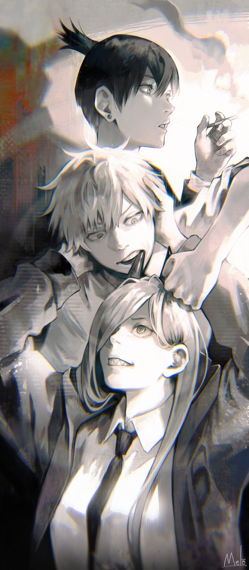 1girl 2boys absurdres arms_up artist_name bangs biting black_hair black_necktie chainsaw_man cigarette clenched_teeth collared_shirt commentary cross-shaped_pupils demon_horns denji_(chainsaw_man) ear_piercing eye_contact greyscale_with_colored_background hair_between_eyes hair_over_one_eye hand_on_another's_head hand_up hands_on_another's_head hayakawa_aki highres holding holding_cigarette horns jacket kyuuba_melo long_hair looking_at_another looking_to_the_side looking_up multiple_boys necktie one_eye_covered open_mouth parted_lips piercing power_(chainsaw_man) sharp_teeth shirt short_hair signature smoke smoking teeth topknot upper_body white_shirt