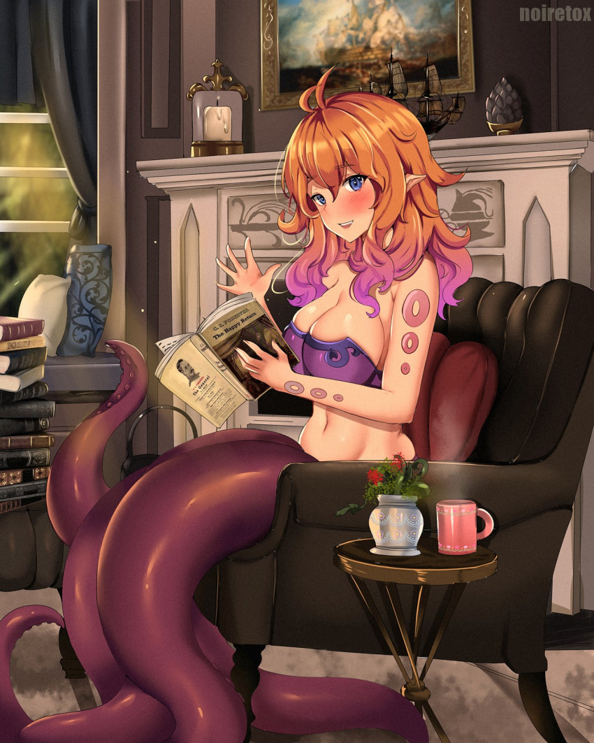 1girl antenna_hair armchair blue_eyes blush body_markings book breasts chair cleavage cup highres holding holding_book indoors looking_at_viewer monster_girl monster_girl_encyclopedia noiretox open_book open_mouth orange_hair pile_of_books plant purple_hair scylla scylla_(monster_girl_encyclopedia) sitting smile solo suction_cups tentacles vase waving window