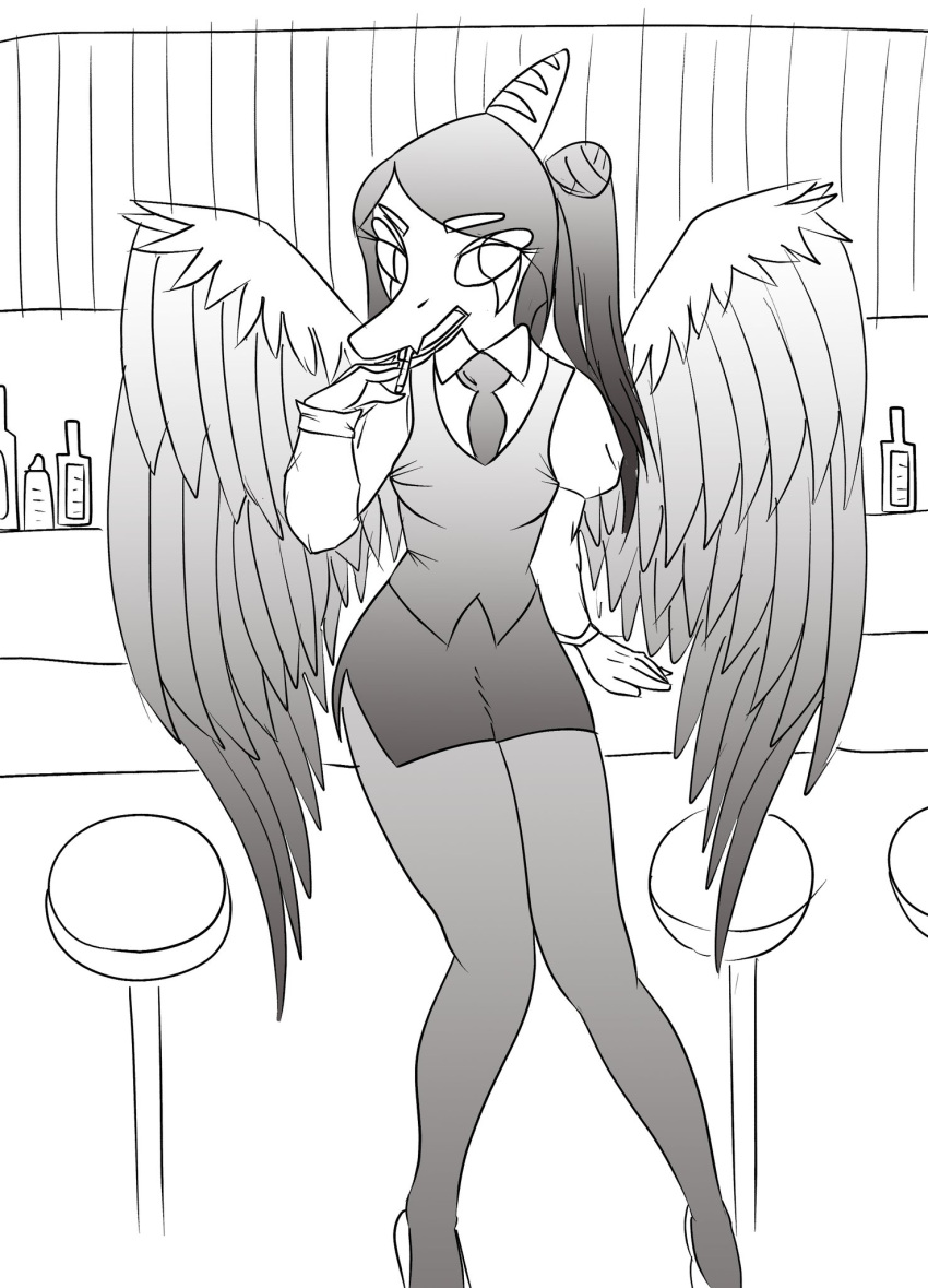 anthro black_hair bottomwear cigarette clothed clothing cosplay crossover dinosaur fang_(gvh) feathered_wings feathers female goodbye_volcano_high hair hi_res long_hair long_snout monochrome necktie open_mouth pterodactylus pterosaur reptile scalie skirt snoot_game_(fan_game) snout solo topwear va-11_hall-a vest video_games wings yakkokatto