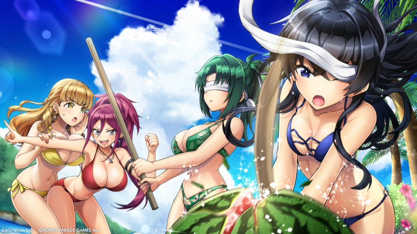 4girls ayato_utae bangs bare_shoulders bikini black_hair blindfold blonde_hair blue_eyes blue_sky blush bokken breasts cleavage cloud cloudy_sky collarbone commentary_request day dolphin_wave earrings flower food fruit green_eyes hagane_otsuki harunami_anri highres holding jewelry kurenashi_yuuri large_breasts long_hair multiple_girls navel necklace o-ring o-ring_bikini official_art one_eye_closed ootomo_takuji open_mouth outdoors palm_tree parted_lips ponytail purple_eyes sharp_teeth shiny shiny_hair shiny_skin simple_background sky slashing smile stomach sunlight sweat sweatdrop swimsuit sword teeth thighs tree watermelon weapon wooden_sword yellow_eyes