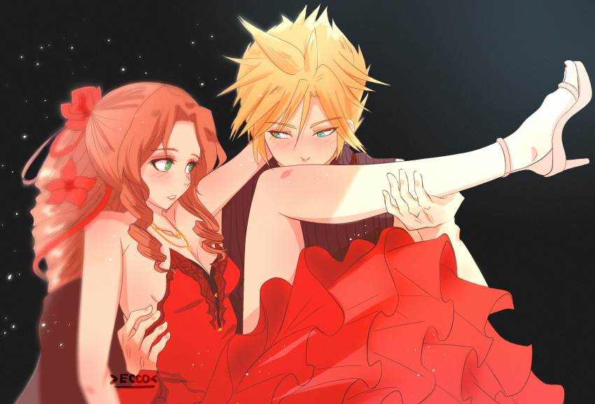 1boy 1girl aerith_gainsborough aqua_eyes arm_around_neck artist_name bangs bare_arms black_background blonde_hair blush breasts brown_hair cleavage cloud_strife dress ecco final_fantasy final_fantasy_vii final_fantasy_vii_remake flamenco_dress flower foot_up green_eyes hair_between_eyes hair_flower hair_ornament hair_ribbon hand_on_another's_back high_heels highres holding_another's_leg kissing_leg leg_up long_hair looking_at_another medium_breasts multiple_necklaces official_alternate_costume parted_bangs parted_lips ponytail red_dress red_flower red_ribbon ribbon ringlets short_hair sidelocks spiked_hair strapless strapless_dress white_footwear