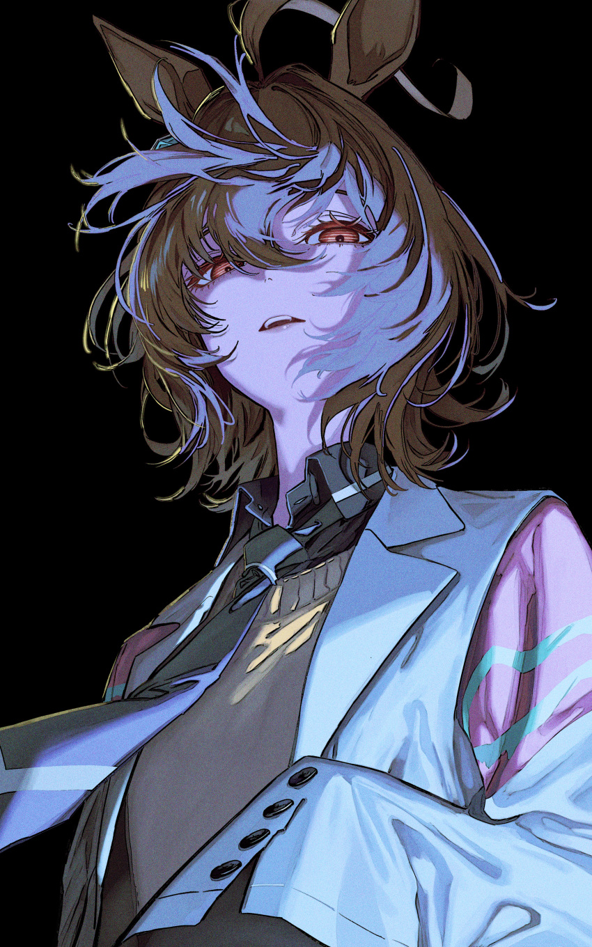 1girl absurdres agnes_tachyon_(tach-nology)_(umamusume) agnes_tachyon_(umamusume) ahoge animal_ears black_background black_necktie brown_hair coat commentary earrings hair_between_eyes highres horse_ears horse_girl jewelry lab_coat long_sleeves necktie open_mouth red_eyes s/t_(mineral_666) shirt simple_background single_earring sleeves_past_fingers sleeves_past_wrists solo sweater teeth umamusume upper_body white_coat yellow_sweater