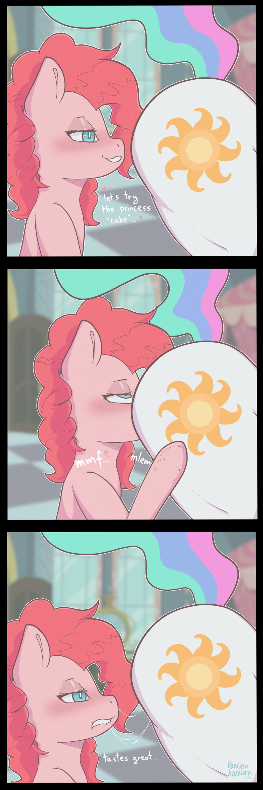 &lt;3 absurd_res anthro bite biting_lip blue_eyes blush blush_lines bodily_fluids butt comic_sans cunnilingus curled_hair damienkamien dripping duo ears_up equid equine eye_roll female female/female friendship_is_magic fur hair half-closed_eyes hasbro hi_res holding_butt horse mammal my_little_pony narrowed_eyes oral pink_body pink_fur pink_hair pink_nose pinkie_pie_(mlp) pony princess_celestia_(mlp) raised_tail saliva saliva_drip saliva_string sex smile text vaginal