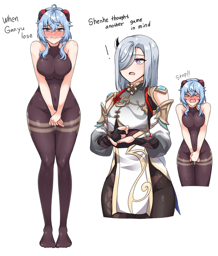 2girls ahoge bangs black_bodysuit blue_hair blush bodysuit bridal_gauntlets commentary_request covering covering_crotch detached_sleeves dulldull embarrassed english_commentary english_text full-face_blush full_body genshin_impact grey_eyes grey_hair hair_between_eyes hair_ornament hair_over_one_eye highres horns long_hair long_sleeves looking_at_another multiple_girls sidelocks white_background