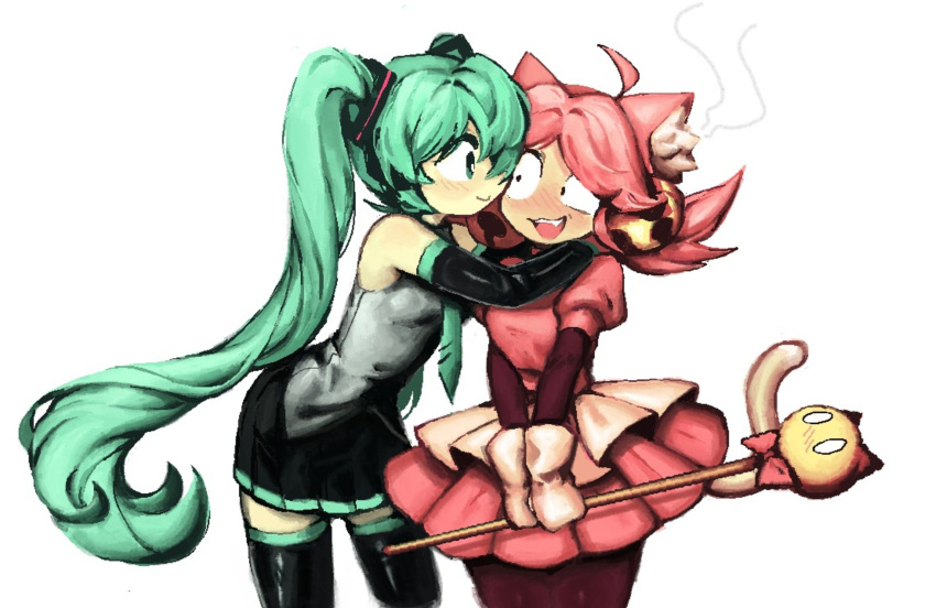 1_101o 2girls absurdres ahoge animal_ear_fluff animal_ears aqua_hair aqua_necktie bell black_skirt black_sleeves black_thighhighs blush cat_ears cat_girl cat_tail crossover crossover_pairing cutie_mew_mew_magic_(deltarune) deltarune detached_sleeves dress frilled_skirt frills gloves gold_bell grey_shirt hair_bell hair_ornament hatsune_miku head_steam highres holding holding_staff hug long_hair looking_at_another mad_mew_mew multiple_girls necktie open_mouth pink_dress pink_hair pleated_skirt shirt skirt smile staff tail thighhighs twintails utdr_(toby_fox) vocaloid white_background white_gloves yuri