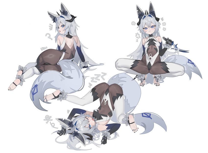 1girl absurdres animal_ear_fluff animal_ears ass back bare_shoulders black_bodystocking black_nails blue_eyes bodystocking breasts cameltoe clothing_cutout commentary_request covered_pussy detached_leggings dream_of_pears elbow_gloves feet fur_trim gloves hair_intakes hair_ornament highres jewelry legs_folded long_hair looking_back lying multiple_views navel navel_cutout no_shoes original reference_sheet shiny_clothes shiny_skin sitting small_breasts smile soles spread_legs squatting stirrup_legwear tail thighs tiptoes toe_ring toeless_legwear toenails toes white_hair wolf_ears wolf_girl wolf_tail