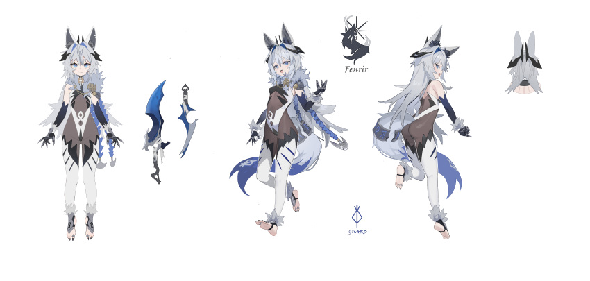 1girl absurdres animal_ear_fluff animal_ears ass back bare_shoulders black_bodystocking black_nails blue_eyes bodystocking breasts clothing_cutout commentary_request detached_leggings dream_of_pears elbow_gloves feet fur_trim gloves hair_intakes hair_ornament highres jewelry long_hair looking_back multiple_views navel navel_cutout no_shoes original reference_sheet shiny_clothes shiny_skin small_breasts smile soles stirrup_legwear tail toe_ring toeless_legwear toenails toes white_hair wolf_ears wolf_girl wolf_tail