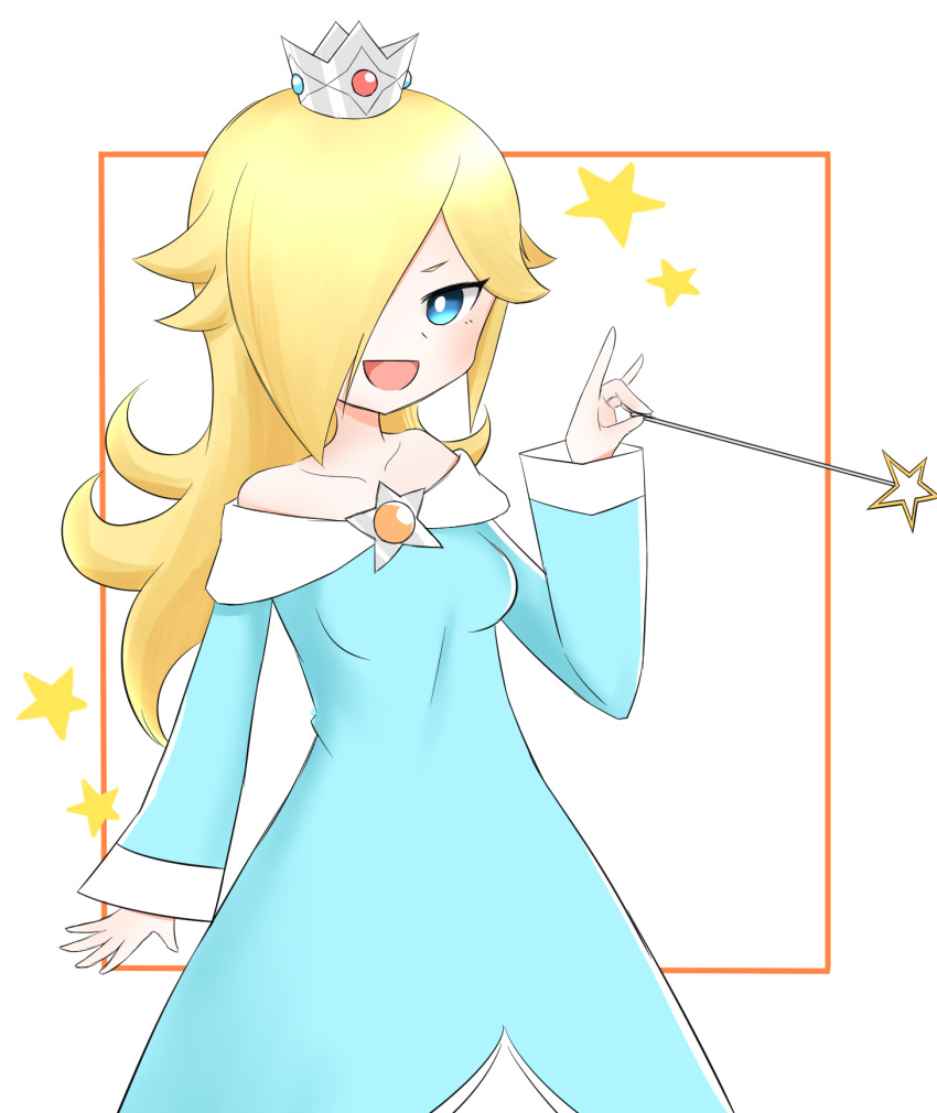1girl bare_shoulders blonde_hair blue_eyes closed_mouth dress earrings hair_over_one_eye highres jewelry long_hair long_sleeves looking_at_viewer mario_(series) medium_hair rosalina simple_background smile solo star_(symbol) star_earrings super_mario_galaxy super_mario_galaxy_2 tomatomiya upper_body wand white_background