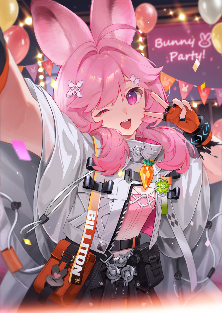 1girl :d ;d absurdres ahoge animal_ears arknights balloon black_skirt capelet carrot chinese_commentary commentary_request fingerless_gloves gloves hands_up highres infection_monitor_(arknights) long_hair looking_at_viewer one_eye_closed open_mouth orange_gloves outstretched_arm pink_eyes pink_hair pink_shirt rabbit_ears rabbit_girl shirt skirt smile solo stage_lights string_of_flags taking_picture thumpy_(arknights) v white_capelet yiyun_ke'ai_yao_fafen
