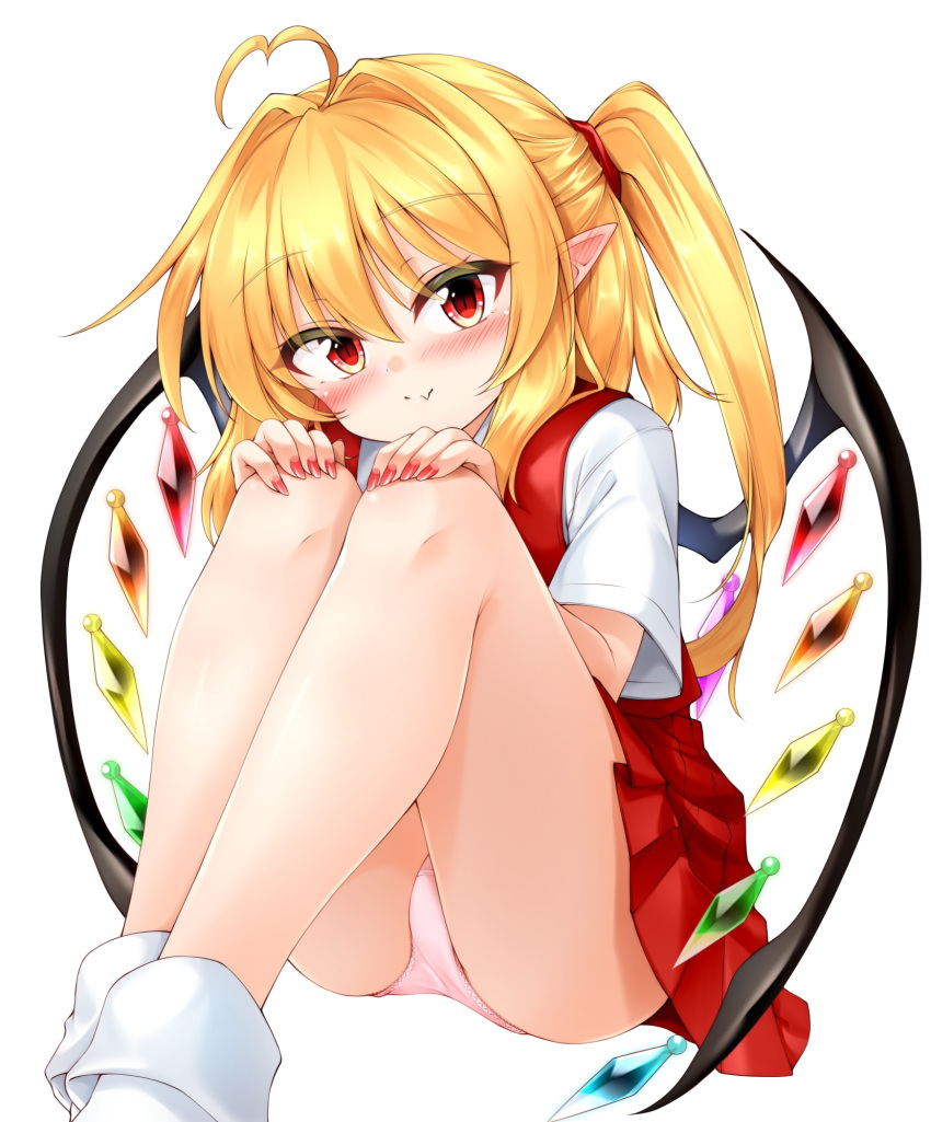 1girl ahoge blonde_hair blush closed_mouth commentary_request crystal crystal_wings fang flandre_scarlet heart heart_ahoge highres long_hair looking_at_viewer marukyuu_ameya missing_headwear multicolored_wings one_side_up panties pantyshot pink_panties pointy_ears red_eyes red_nails red_skirt red_vest shirt short_sleeves sitting skin_fang skirt skirt_set smile socks solo touhou underwear vest white_shirt white_socks wings