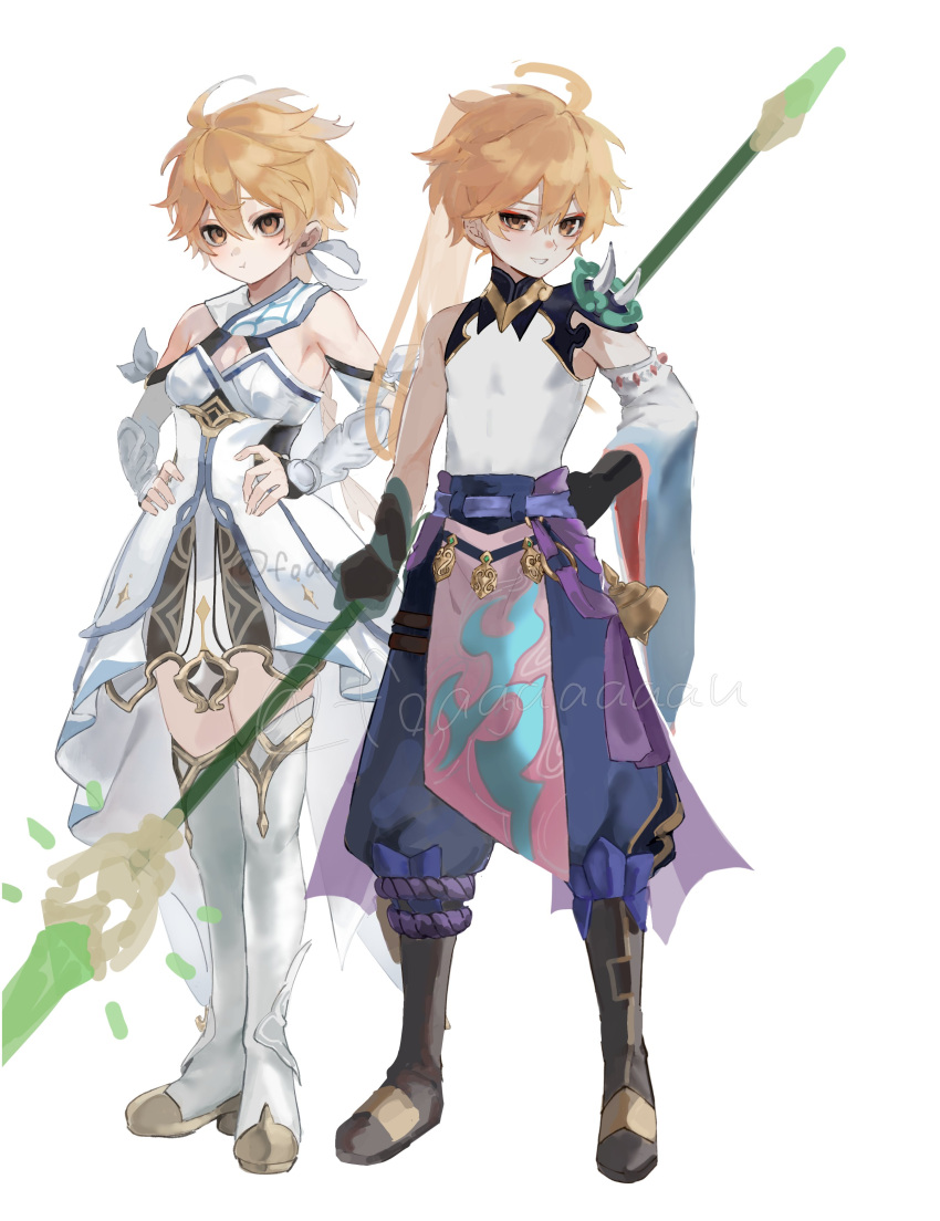 2boys absurdres aether_(genshin_impact) ahoge arm_tattoo artist_name baggy_pants bare_shoulders belt black_gloves blonde_hair blue_belt blue_pants boots braid brown_boots chinese_clothes clenched_hand clone commentary cosplay crossdressing crossdressing_(mtf) detached_sleeves dress dual_persona earrings english_commentary feather_earrings feathers foaaaaaaau full_body genshin_impact gloves green_gloves hair_between_eyes hair_ribbon hand_on_own_hip hands_on_own_hips high_ponytail highres holding holding_polearm holding_weapon jewelry long_hair long_sleeves looking_at_viewer low-braided_long_hair low-tied_long_hair lumine_(genshin_impact) lumine_(genshin_impact)_(cosplay) male_focus mandarin_collar multicolored_gloves multiple_boys pants pelvic_curtain polearm ponytail primordial_jade_winged-spear_(genshin_impact) ribbon shirt shoulder_spikes simple_background single_bare_shoulder single_braid single_detached_sleeve single_earring sleeveless sleeveless_dress sleeveless_shirt smile spear spikes standing star_(symbol) tattoo teeth thigh_boots two-tone_gloves unfinished weapon white_background white_boots white_dress white_ribbon white_shirt white_sleeves wide_sleeves xiao_(genshin_impact) xiao_(genshin_impact)_(cosplay) yellow_eyes