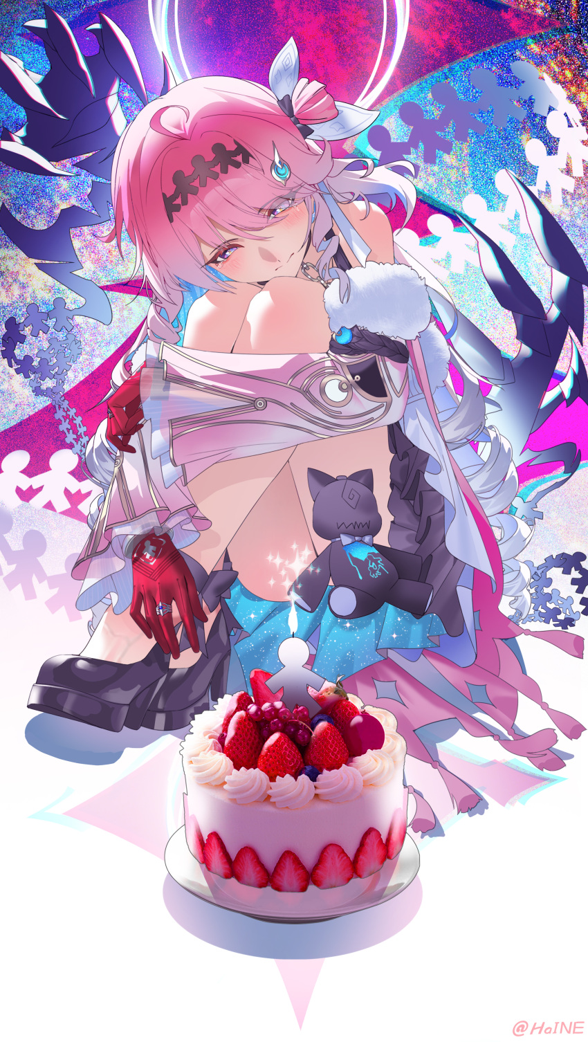 1girl absurdres ahoge artist_name bare_shoulders birthday_cake black_shoes blue_hair blush cake closed_mouth colored_inner_hair commentary denia_(wuthering_waves) detached_sleeves food gloves haine_1871 hair_ornament high_heels highres knees_to_chest long_hair multicolored_hair pink_hair red_gloves shoes sitting solo stuffed_toy tears wuthering_waves