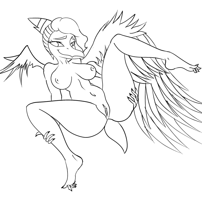 anthro crossgender dinosaur feathered_wings feathers female genitals goodbye_volcano_high hair half_shaved_head hi_res long_snout looking_away monochrome nails naser_(gvh) navel nude presenting presenting_pussy pterodactylus pterosaur pussy reptile scalie sharp_nails sketch snoot_game_(fan_game) snout solo spread_legs spreading thick_thighs video_games wide_hips wings yakkokatto
