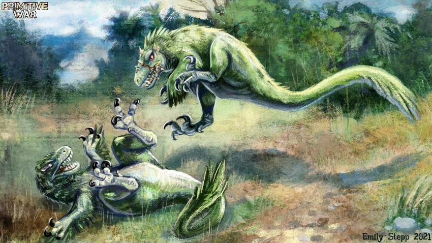 2021 ambiguous_gender attack dinosaur dromaeosaurid duo emily_stepp feathered_dinosaur feathers feral fight green_body green_feathers hi_res inspired_by_formal_art jumping lying nature nature_background on_back outside painting_(artwork) paleoart red_eyes reptile scalie signature theropod traditional_media_(artwork) utahraptor