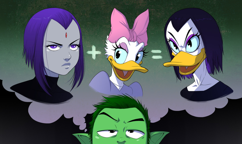 2016 accessory anatid anseriform anthro avian beast_boy bird bow_ribbon clothed clothing daisy_duck dc_comics disney duck exmile female green_body green_hair group hair hair_accessory hair_bow hair_ribbon human humanoid humor imagining magica_de_spell male mammal purple_eyes purple_hair raven_(dc) ribbons thought_bubble