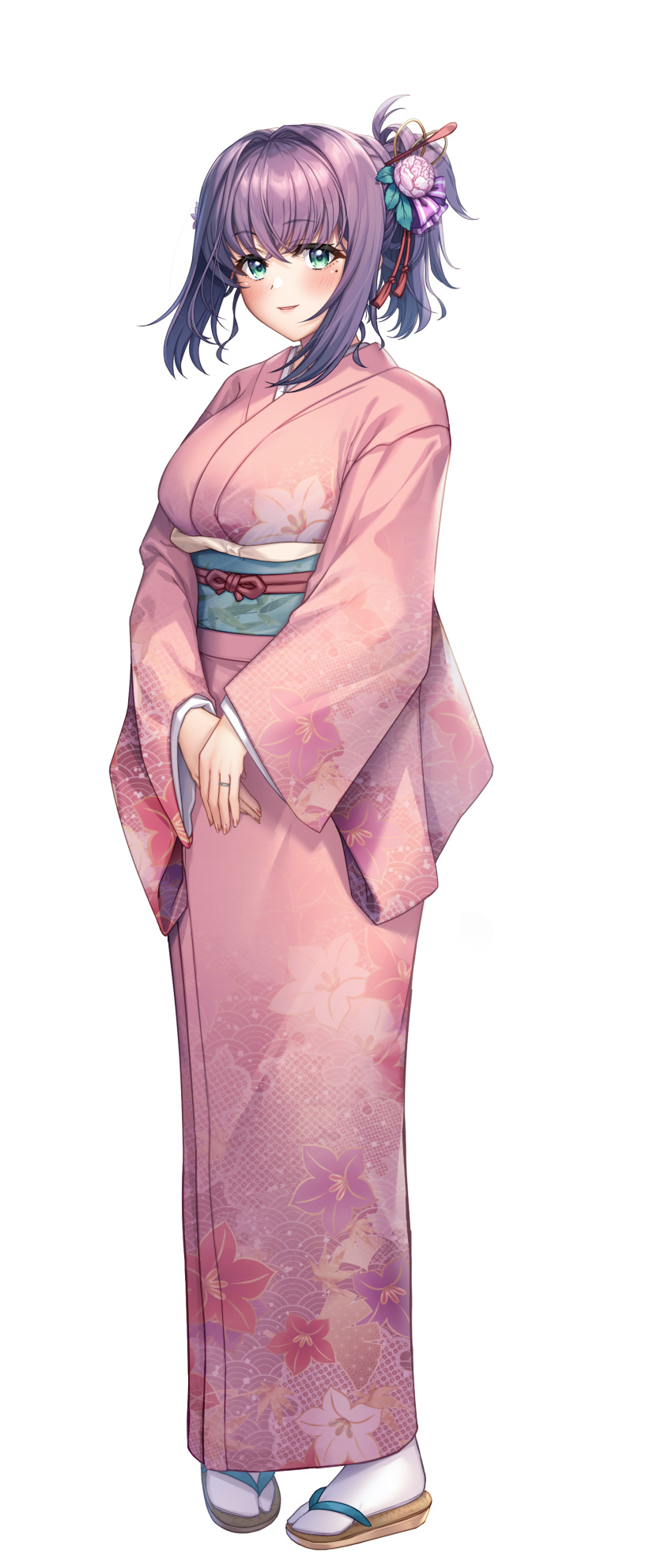1girl absurdres blush breasts cleavage floral_print floral_print_kimono full_body game_asset green_eyes hair_ornament highres japanese_clothes jewelry kimono large_breasts looking_at_viewer mole mole_under_eye momoiro_okami_no_honoka-san non-web_source obi parted_lips print_kimono purple_hair ring sandals sash self-datamine smile solo standing tabi tachi-e transparent_background tsuyuri_honoka variant_set yatsuha_kanan