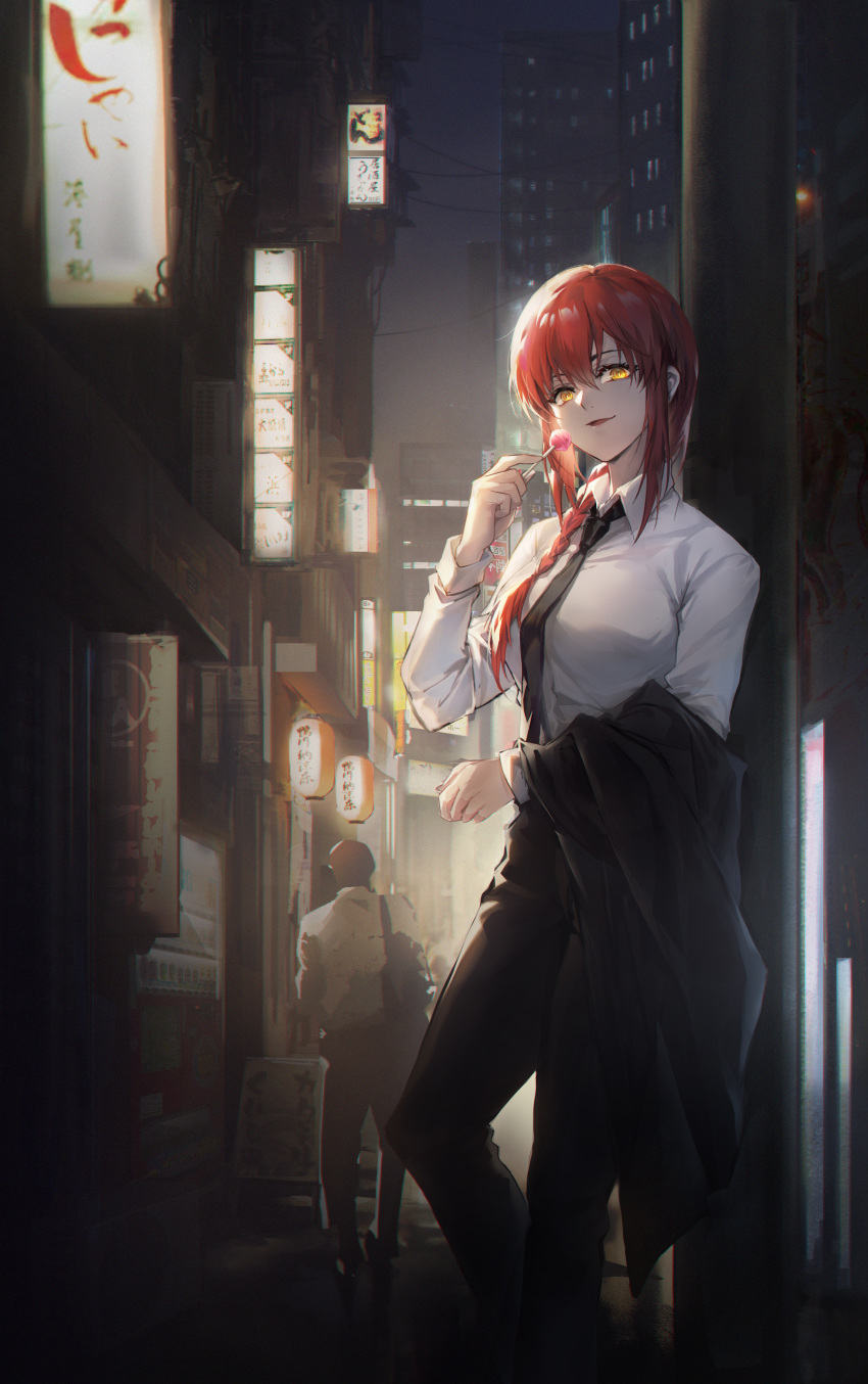 1girl absurdres bangs billboard black_necktie black_pants braid building candy chainsaw_man city cityscape collared_shirt feet_out_of_frame film_grain food from_side hair_between_eyes highres holding holding_candy holding_clothes holding_food holding_jacket holding_lollipop jacket jacket_removed junko-g lantern leaning_on_object lollipop long_hair long_sleeves looking_at_viewer makima_(chainsaw_man) necktie night night_sky open_mouth outdoors pants paper_lantern power_lines red_hair ringed_eyes scenery shirt side_braid single_braid sky smile solo_focus standing storefront utility_pole white_shirt yellow_eyes