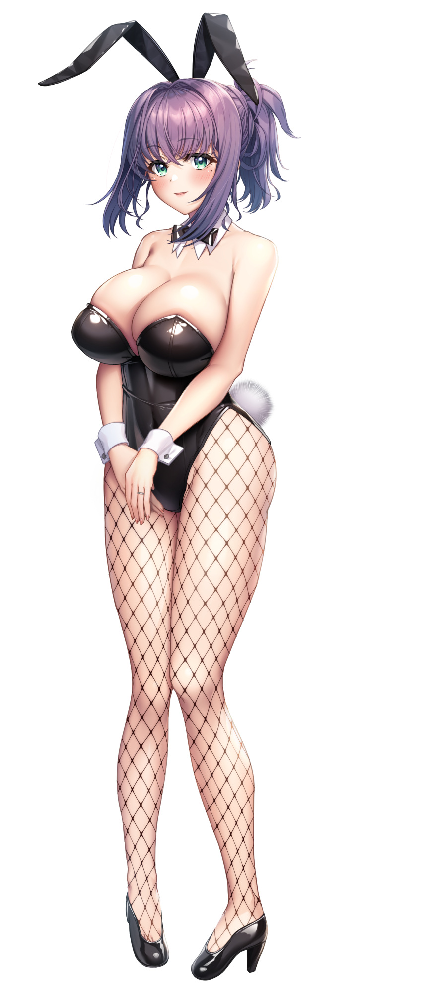 1girl absurdres animal_ear_hairband animal_ears blush breasts cleavage detached_collar fake_animal_ears fake_tail full_body game_asset green_eyes hairband high_heels highleg highleg_leotard highres large_breasts leotard looking_at_viewer momoiro_okami_no_honoka-san non-web_source parted_lips playboy_bunny purple_hair self-datamine sleeveless smile solo standing tachi-e tail transparent_background tsuyuri_honoka variant_set wrist_cuffs yatsuha_kanan