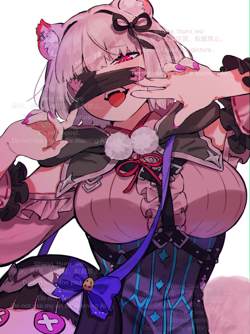 1girl absurdres animal_ears black_skirt blunt_bangs blush breasts character_bag chest_harness commentary_request eyepatch fate/grand_order fate_(series) fox_ears fox_shadow_puppet fox_tail grey_hair harness highres kamehime_(fate) large_breasts long_sleeves looking_at_viewer mask mask_pull mouth_mask open_mouth osakabehime_(fate) pink_shirt purple_eyes shirt short_hair skirt solo sugomori_tsuru_(hana_tsuru_wo) tail tongue tongue_out