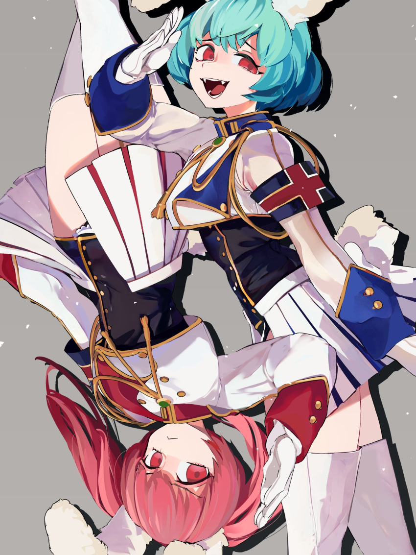 2girls :&lt; animal_ears armband bangs black_leotard blue_hair boots breasts chiester410 chiester45 closed_mouth fangs gloves highres kuroi_moyamoya leotard long_sleeves medium_breasts multiple_girls open_mouth pink_eyes pink_hair rabbit_ears salute short_hair showgirl simple_background skirt smile thigh_boots thighhighs twintails umineko_no_naku_koro_ni white_footwear white_gloves
