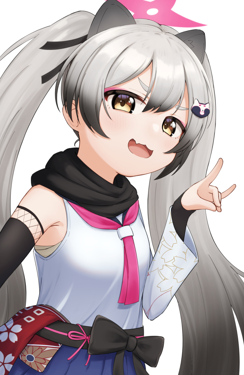1girl :d absurdres animal_ears armpits bangs black_scarf blue_archive commentary_request extra_ears eyeshadow fox_shadow_puppet gradient_hair grey_hair hadanugi_dousa hair_between_eyes highres long_hair looking_at_viewer makeup michiru_(blue_archive) mochi_bugyou multicolored_hair ninja pleated_skirt raccoon_ears raccoon_girl raccoon_hair_ornament scarf school_uniform serafuku sidelocks simple_background skirt sleeveless smile solo twintails white_background yellow_eyes