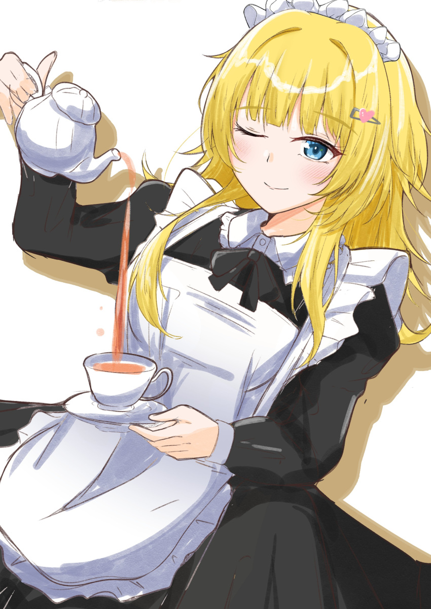 1girl ;) absurdres alternate_costume apron black_dress blonde_hair blue_eyes blunt_bangs blush closed_mouth commentary_request cowboy_shot cup dress drop_shadow dutch_angle enmaided frilled_apron frills hair_intakes hair_ornament hairclip hand_up heart heart_hair_ornament highres holding holding_plate holding_teapot juliet_sleeves limelight_lemonade_jam long_hair long_sleeves looking_at_viewer maid maid_apron maid_headdress one_eye_closed plate pouring puffy_sleeves shimakoshi_tsukimi sidelocks simple_background smile solo tauiteitoku tea teacup teapot white_apron white_background