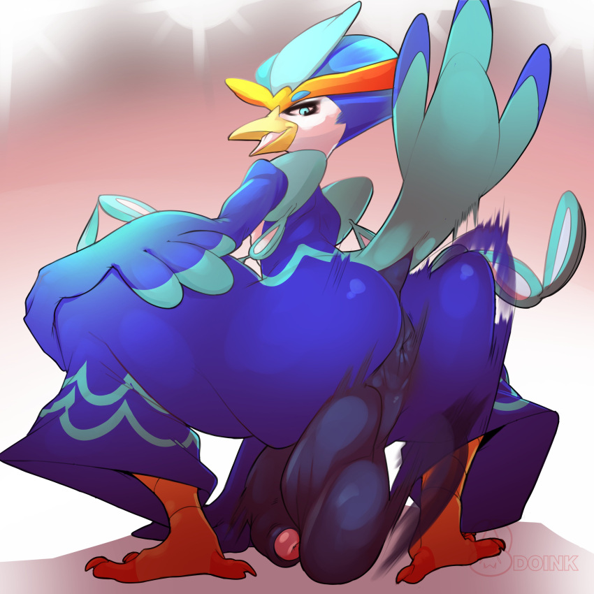 absurd_res anthro anus balls big_butt blue_body blue_eyes blue_feathers butt doink_(artist) feathers foreskin genitals hi_res male nintendo penis pokemon quaquaval shaking_butt solo talons video_games