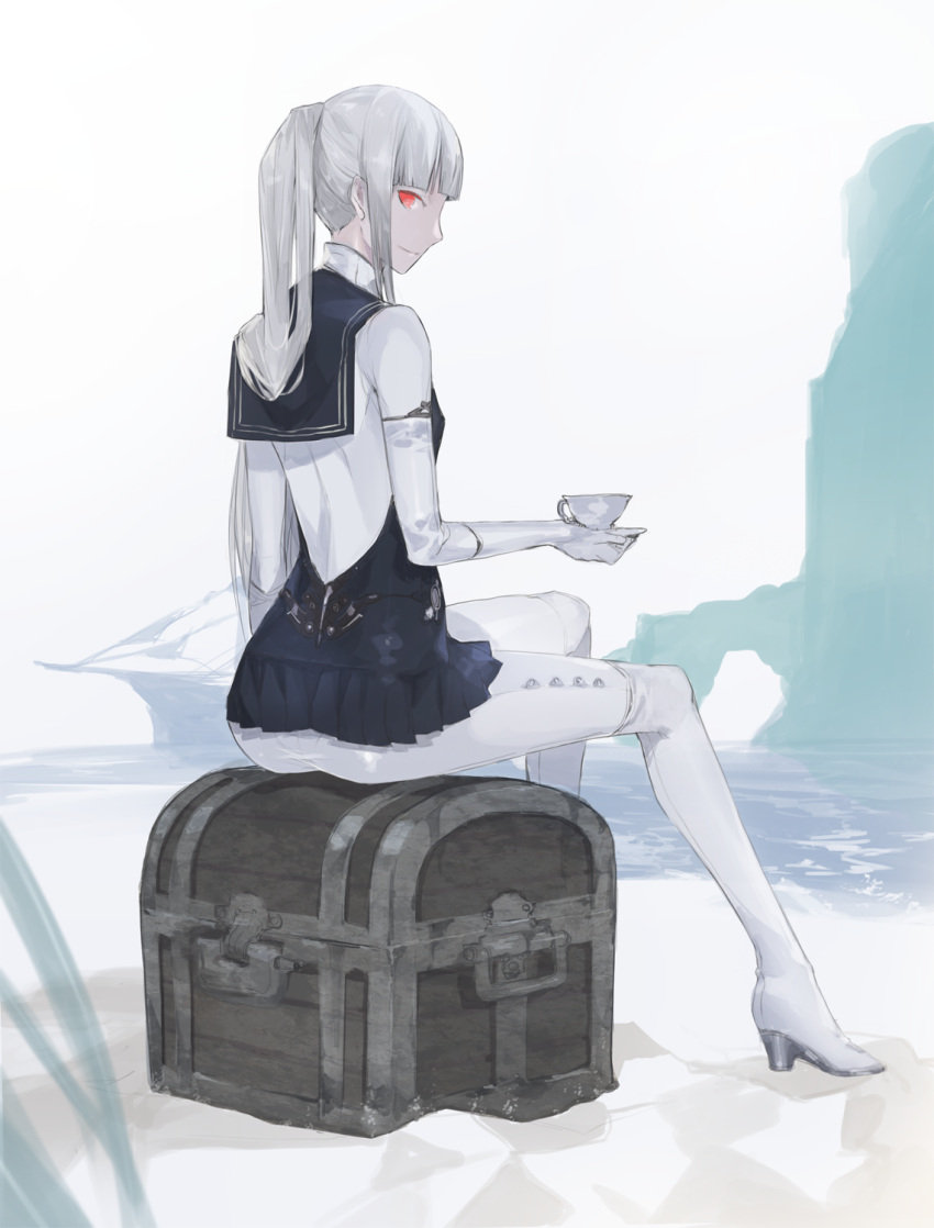 ass black_serafuku boots breasts cup day full_body gloves highres holding holding_cup ishinarimaru_shouten long_hair looking_back outdoors pixiv_fantasia pixiv_fantasia_age_of_starlight ponytail red_eyes school_uniform serafuku sitting small_breasts thigh_boots treasure_chest white_gloves white_hair