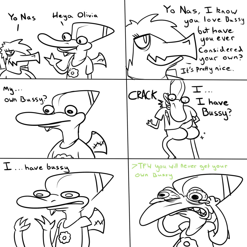 alligator alligatorid anthro bottomless clothed clothing comic crocodilian dinosaur duo english_text female goodbye_volcano_high hair hair_over_eye hi_res humor long_snout male monochrome naser_(gvh) nrool olivia_(snoot_game) one_eye_obstructed open_mouth pterodactylus pterosaur reptile scalie snoot_game_(fan_game) snout text tired_eyes video_games