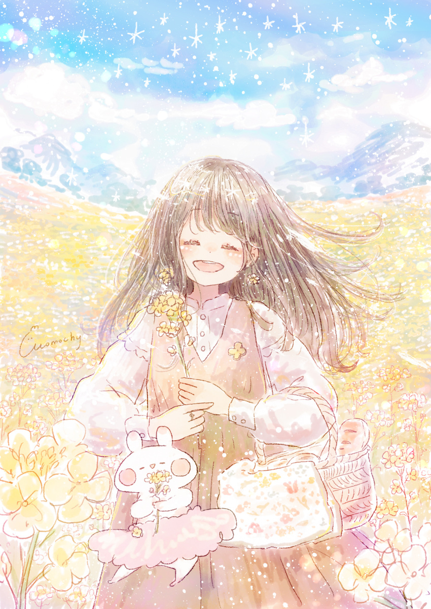 1girl ^_^ artist_name bangs basket blue_sky blush_stickers bread brown_hair brown_vest carrying_bag closed_eyes cloud day dress field floating_hair flower flower_field food highres holding holding_basket holding_flower light long_hair long_sleeves momochy mountainous_horizon original pastel_colors pinafore_dress pink_skirt rabbit rapeseed_blossoms shiny shiny_hair signature skirt sky sleeve_cuffs too_many_flowers vest white_dress wind yellow_flower