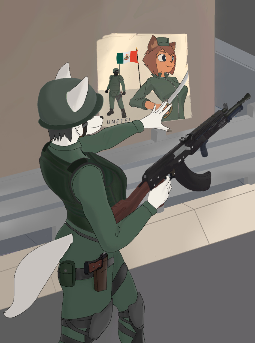 anthro armor assault_rifle body_armor canid canine canis clothed clothing dayana digital_media_(artwork) domestic_dog female flag fur gun hair handgun headgear helmet hi_res holding_gun holding_object holding_weapon human male mammal melee_weapon novato pistol poster propaganda ranged_weapon rifle rpk sabre_(weapon) sky-rouge soldier solo spanish_text standing street sword text uniform warrior weapon white_body white_fur