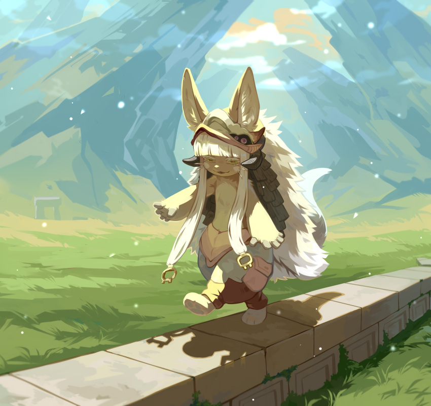 absurd_res anthro big_ears black_horn bottomwear clothed clothing corzh77 fantasy_creature female full-length_portrait fur grass green_eyes hair hi_res horizontal_pupils horn lagomorph long_hair made_in_abyss mammal nanachi narehate open_mouth outside pants paws plant portrait pupils shadow solo tan_body tan_fur three-quarter_view topless unsigned walking white_hair