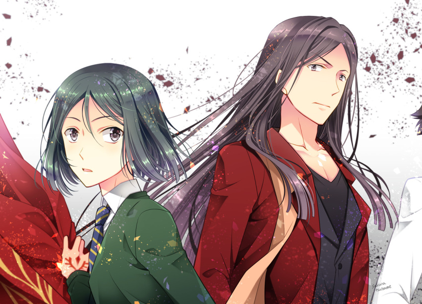 2boys bangs black_hair cloak coat fate/grand_order fate/zero fate_(series) formal hair_between_eyes holding holding_cloth long_hair looking_at_viewer lord_el-melloi_ii multiple_boys necktie open_mouth sakura_tsubame scarf shirt short_hair suit tattoo upper_body waver_velvet white_shirt