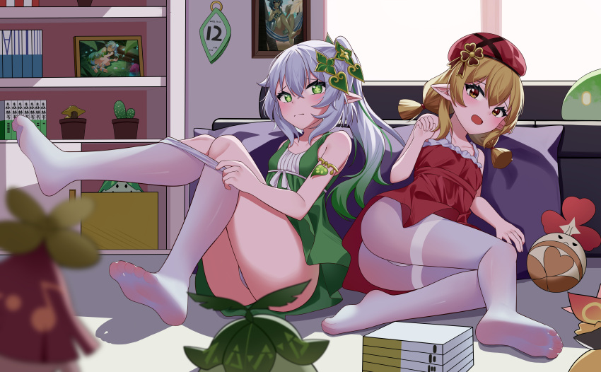 2girls :d absurdres adjusting_clothes adjusting_legwear ahoge alternate_costume aranara_(genshin_impact) armlet ass bangs bed bed_sheet bedroom blurry book book_stack cactus cameo casual clover_print commentary_request contemporary depth_of_field dress ganyu_(genshin_impact) genshin_impact gradient_hair green_dress green_eyes hair_between_eyes hair_ornament hat highres jumpy_dumpty klee_(genshin_impact) light_brown_hair long_hair looking_at_viewer low_twintails multicolored_hair multiple_girls nahida_(genshin_impact) orange_eyes panties panties_under_pantyhose pantyhose pantyshot photo_(object) plant pointy_ears potted_plant rack red_dress side_ponytail sidelocks sitting sleeveless slime_(genshin_impact) smile soles stuffed_animal stuffed_toy symbol-shaped_pupils trait_connection twintails underwear white_hair white_panties white_pantyhose window yekun