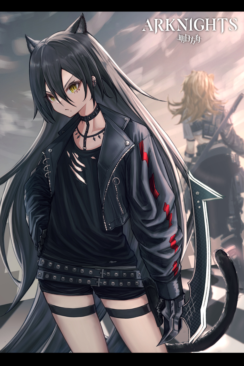 2girls absurdres animal_ear_fluff animal_ears arknights bangs belt black_belt black_gloves black_hair black_jacket black_shirt black_shorts brown_eyes brown_hair closed_mouth cloud cloudy_sky collarbone copyright_name cropped_jacket dagda_(arknights) ear_piercing facing_away gloves hair_between_eyes hand_on_hip highres jacket letterboxed long_hair long_sleeves mole mole_under_mouth multiple_girls open_clothes open_jacket outdoors piercing puffy_long_sleeves puffy_sleeves sene_(nboxdrowing) shirt short_shorts short_sleeves shorts siege_(arknights) siege_(city_destroyer)_(arknights) sky standing striped tail v-shaped_eyebrows very_long_hair white_shirt