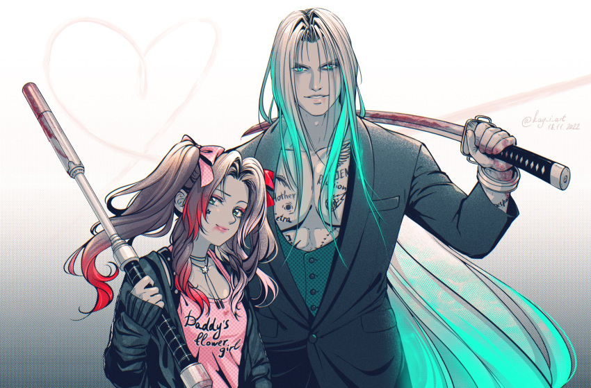 1boy 1girl aerith_gainsborough aqua_eyes aqua_hair bangs black_jacket bow breasts brown_hair chest_tattoo choker cosplay dated dc_comics elena_ivlyushkina eyeshadow facial_tattoo final_fantasy final_fantasy_vii final_fantasy_vii_remake flower_choker gradient gradient_background green_eyes grey_hair hair_bow harley_quinn harley_quinn_(cosplay) heart highres holding holding_staff holding_sword holding_weapon jacket joker_(dc) joker_(dc)_(cosplay) lipstick long_braid long_sleeves looking_at_viewer makeup masamune_(ff7) multicolored_hair over_shoulder parted_bangs parted_lips pink_bow pink_eyeshadow pink_shirt red_bow red_eyeshadow red_hair sephiroth shirt sidelocks sleeves_past_wrists smeared_lipstick smile staff streaked_hair suicide_squad suit_jacket sword tattoo twintails twitter_username upper_body waistcoat wavy_hair weapon weapon_over_shoulder