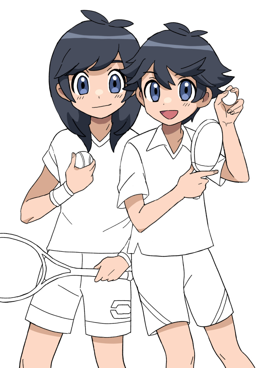 2boys ball bangs black_hair closed_mouth collared_shirt commentary_request dual_persona elio_(pokemon) grey_eyes highres holding holding_ball holding_paddle holding_tennis_racket looking_at_viewer male_focus multiple_boys paddle partially_colored pokemon pokemon_(game) pokemon_sm pokemon_usum sana_(37pisana) shiny shiny_hair shirt short_sleeves shorts smile t-shirt table_tennis_ball table_tennis_paddle tennis_ball unfinished wristband